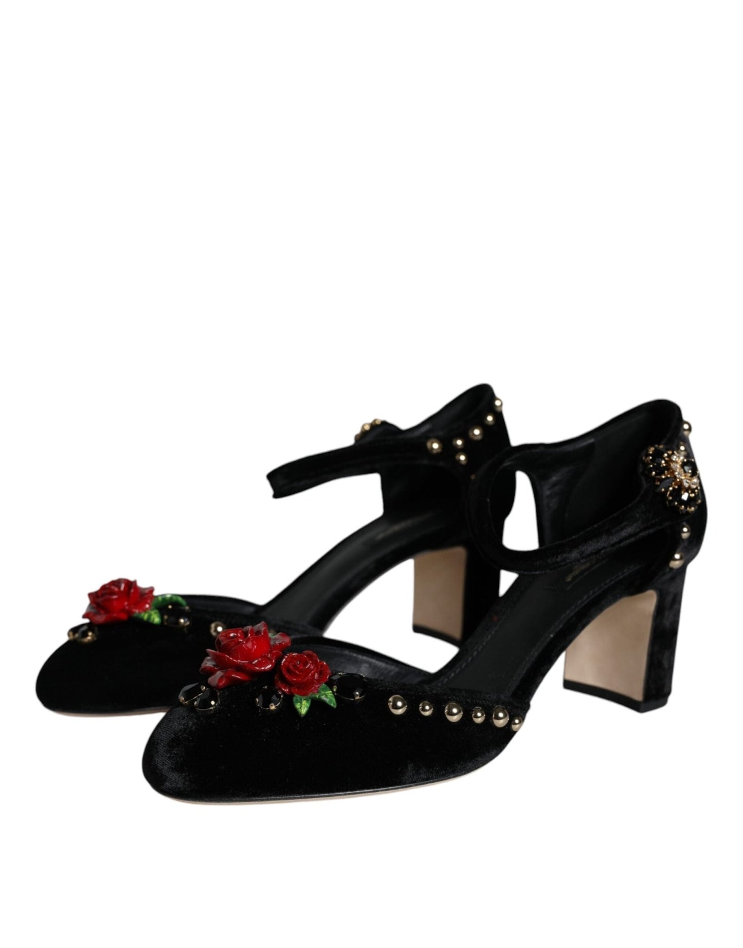 Dolce & Gabbana Black Velvet Roses Ankle Strap Pumps Shoes - SMARTMARTNZ