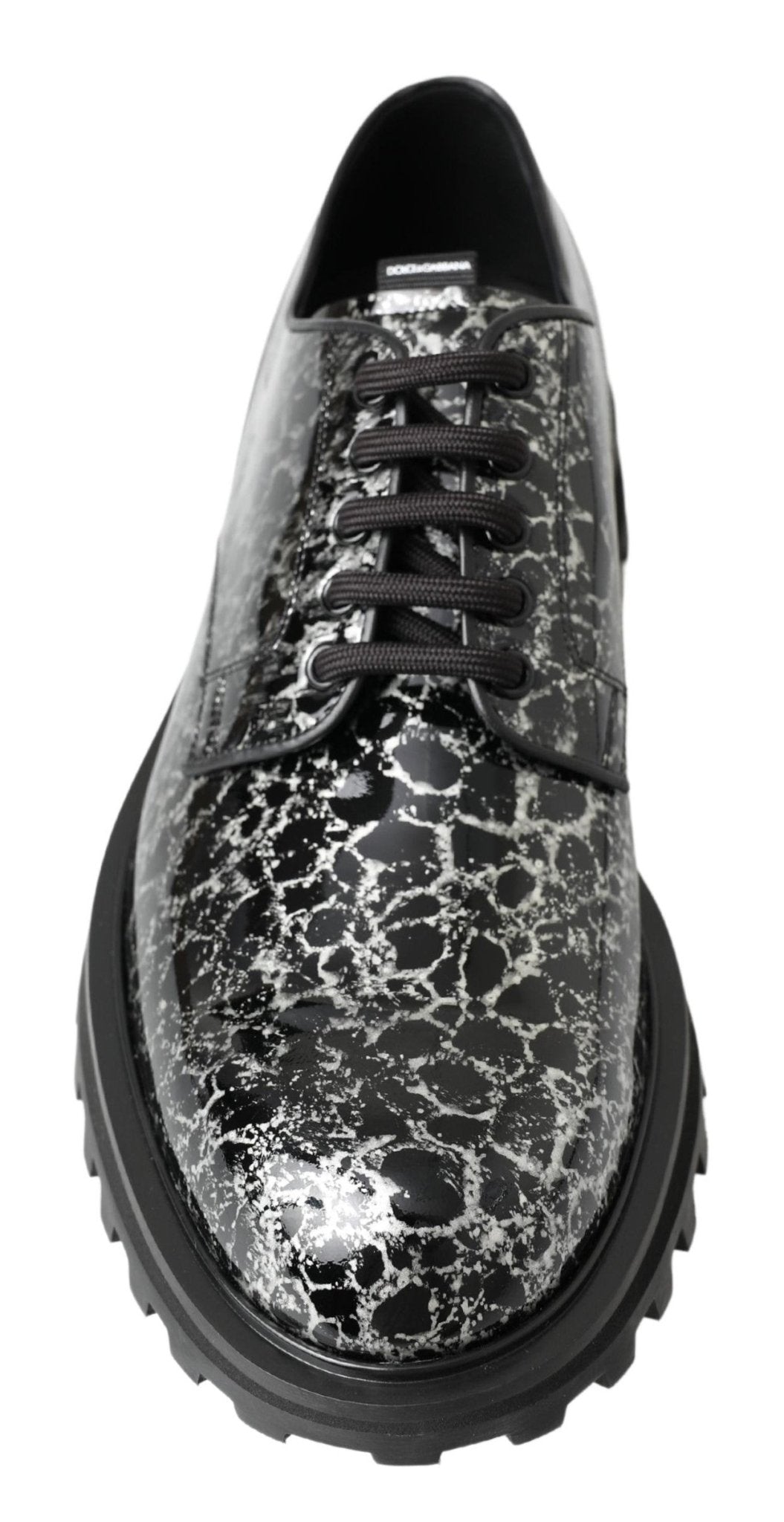 Dolce & Gabbana Black White Derby Patent Leather Shoes - SMARTMARTNZ