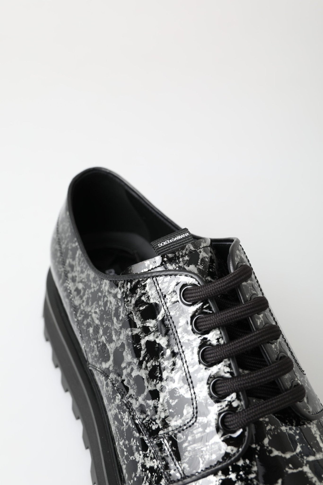 Dolce & Gabbana Black White Derby Patent Leather Shoes - SMARTMARTNZ