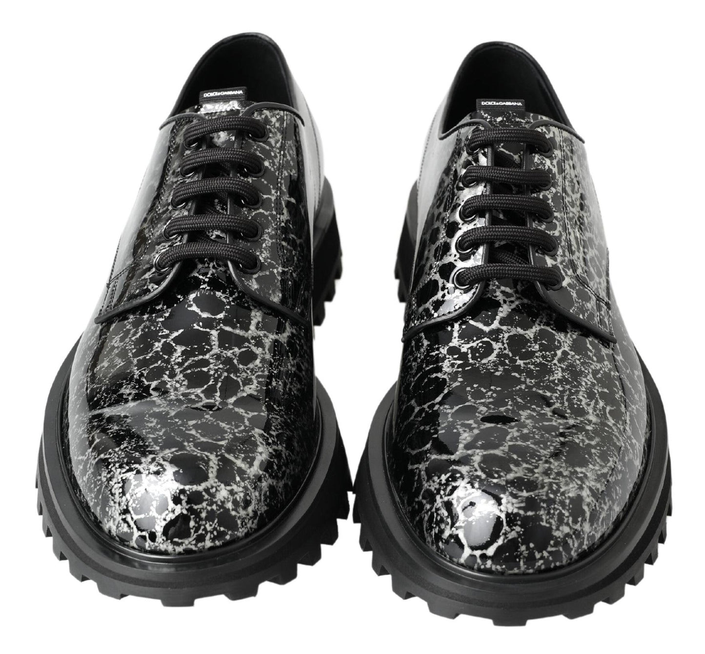 Dolce & Gabbana Black White Derby Patent Leather Shoes - SMARTMARTNZ