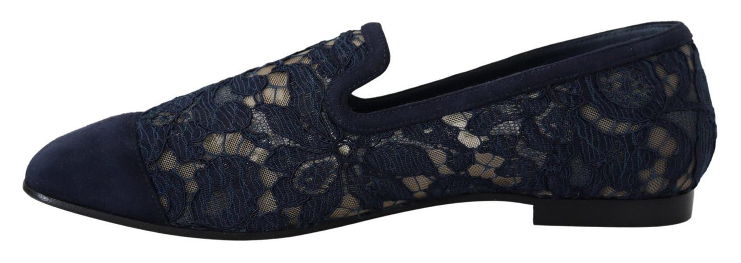 Dolce & Gabbana Blue Floral Lace Slip Ons Loafers Flats Shoes - SMARTMARTNZ