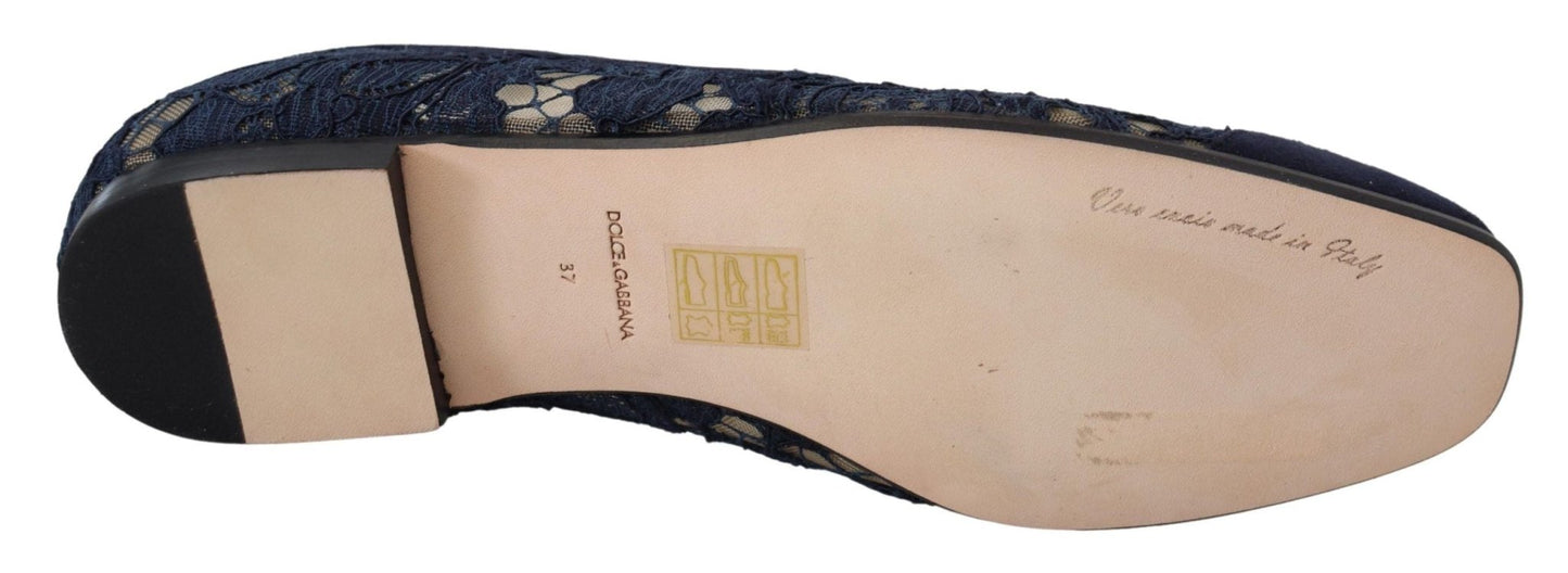 Dolce & Gabbana Blue Floral Lace Slip Ons Loafers Flats Shoes - SMARTMARTNZ