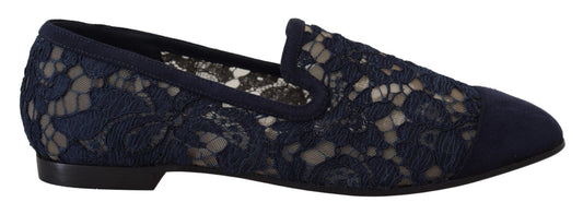 Dolce & Gabbana Blue Floral Lace Slip Ons Loafers Flats Shoes - SMARTMARTNZ