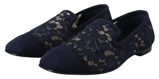 Dolce & Gabbana Blue Floral Lace Slip Ons Loafers Flats Shoes - SMARTMARTNZ
