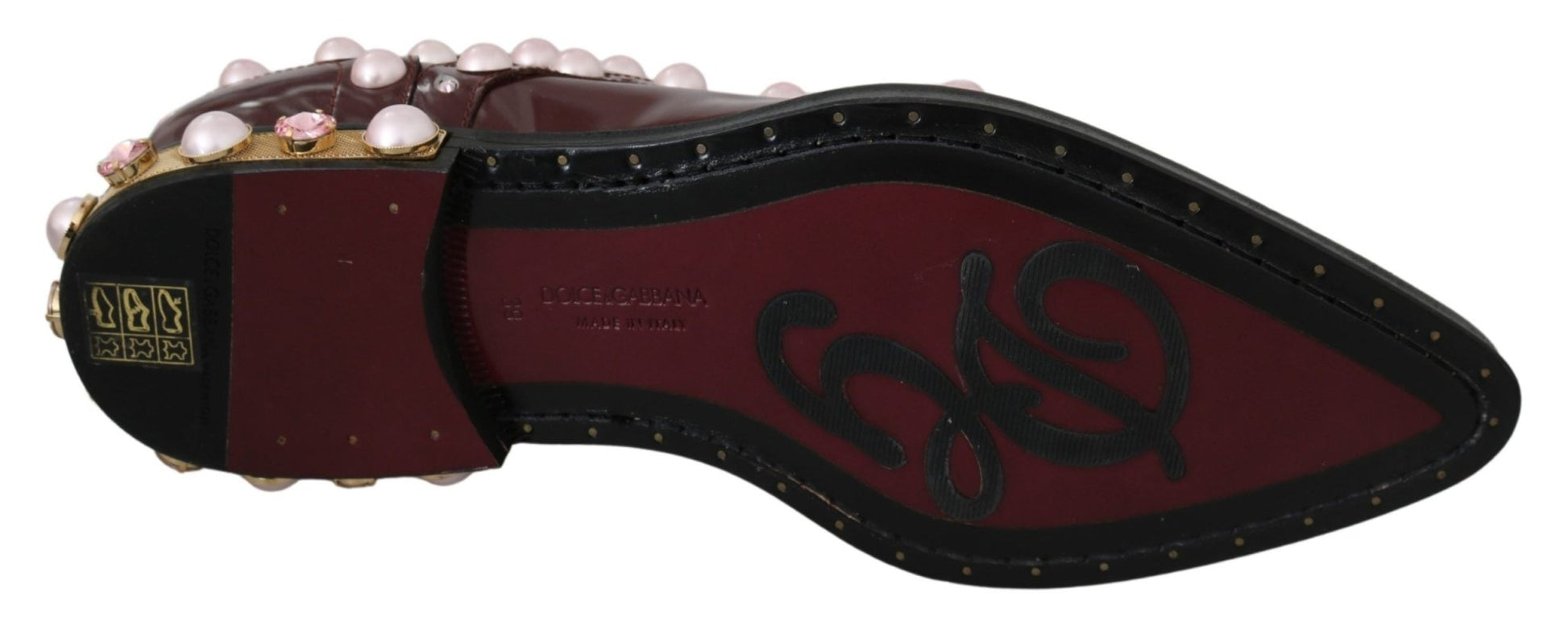 Dolce & Gabbana Bordeaux Leather Crystal Pearls Formal Shoes - SMARTMARTNZ
