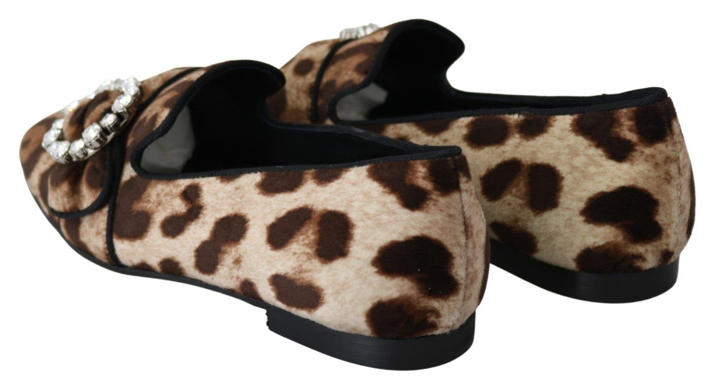 Dolce & Gabbana Brown Leopard Print Crystals Loafers Flats Shoes - SMARTMARTNZ