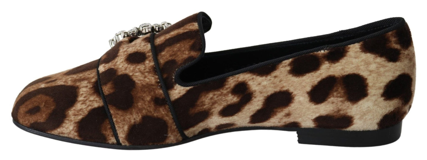 Dolce & Gabbana Brown Leopard Print Crystals Loafers Flats Shoes - SMARTMARTNZ