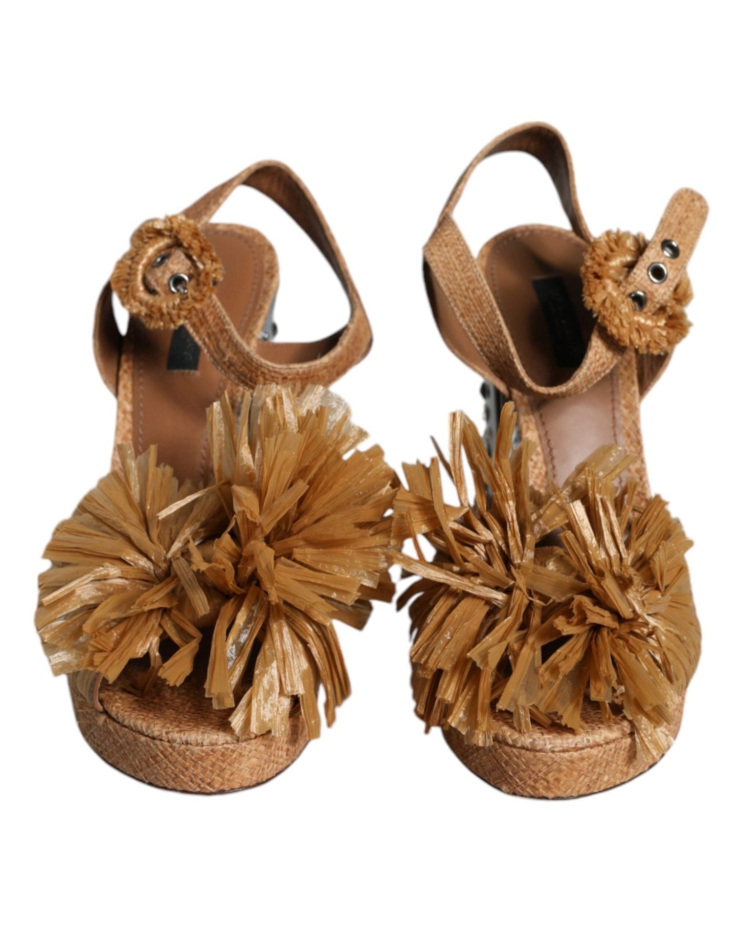 Dolce & Gabbana Brown Raffia Ankle Strap Crystal Sandals Shoes - SMARTMARTNZ