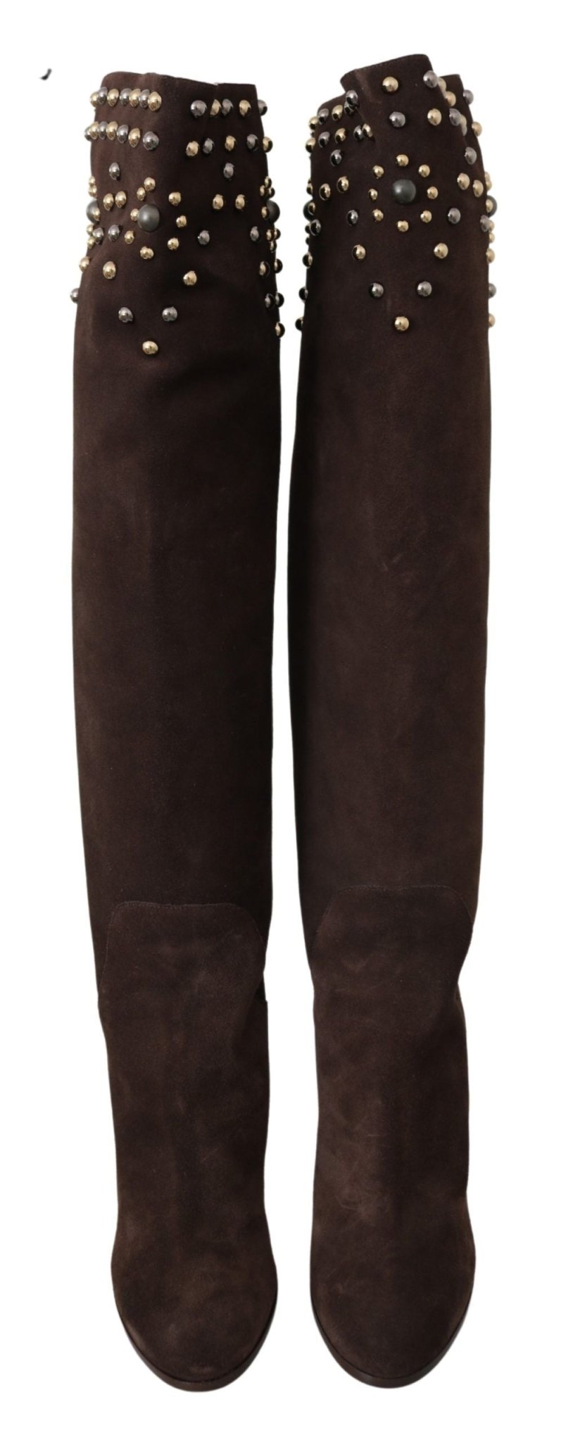 Dolce & Gabbana Brown Suede Studded Knee High Shoes Boots - SMARTMARTNZ