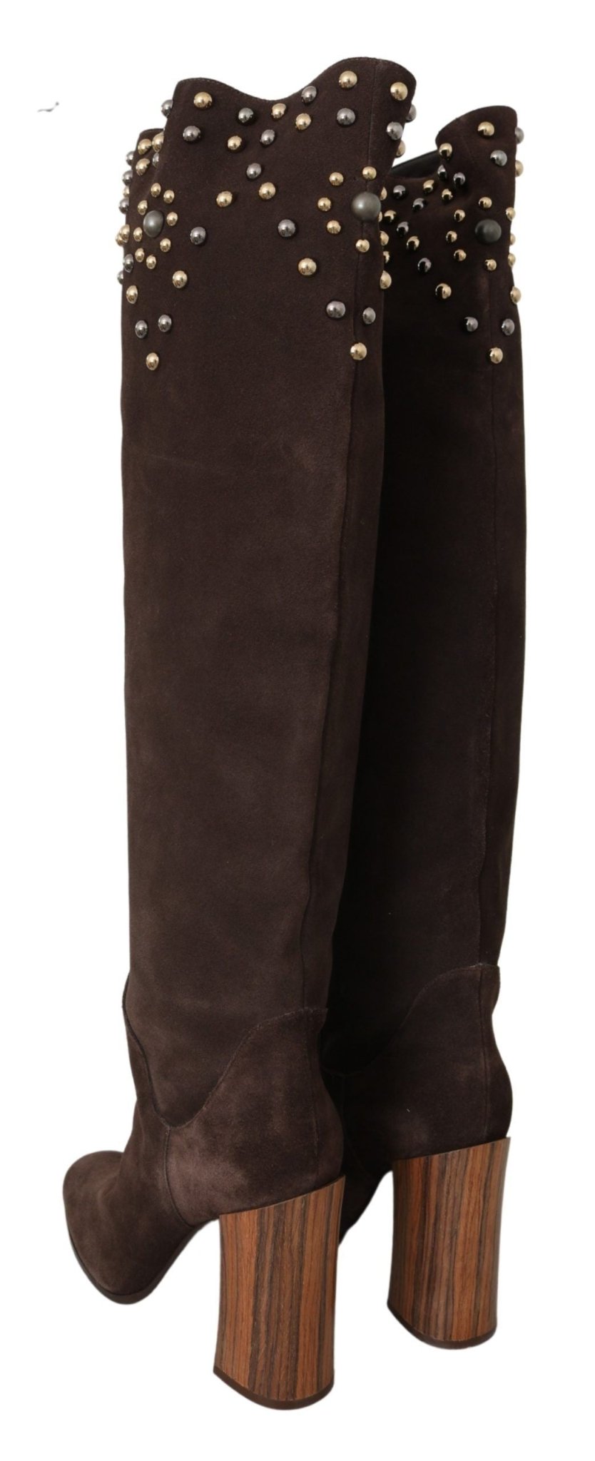 Dolce & Gabbana Brown Suede Studded Knee High Shoes Boots - SMARTMARTNZ