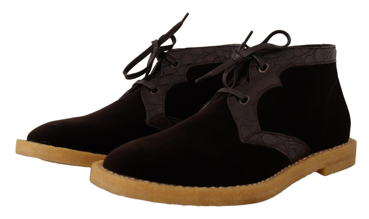 Dolce & Gabbana Brown Velvet Exotic Leather Boots - SMARTMARTNZ