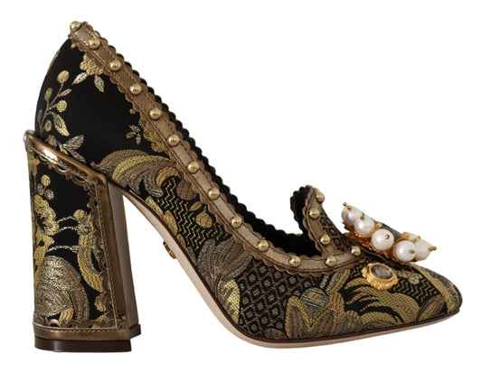 Dolce & Gabbana Gold Crystal Square Toe Brocade Pumps Shoes - SMARTMARTNZ
