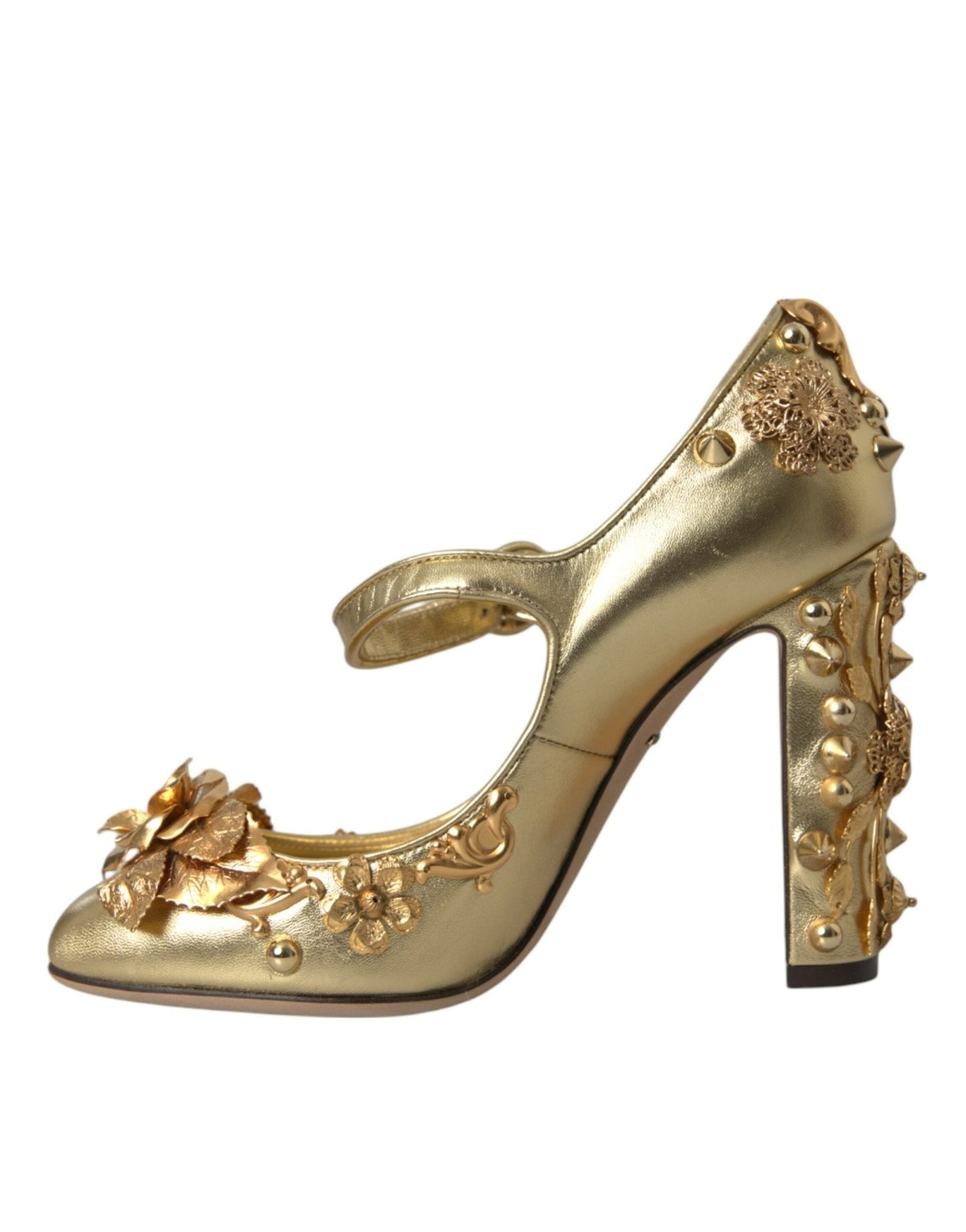Dolce & Gabbana Gold Leather Crystal Mary Janes Pumps Shoes - SMARTMARTNZ