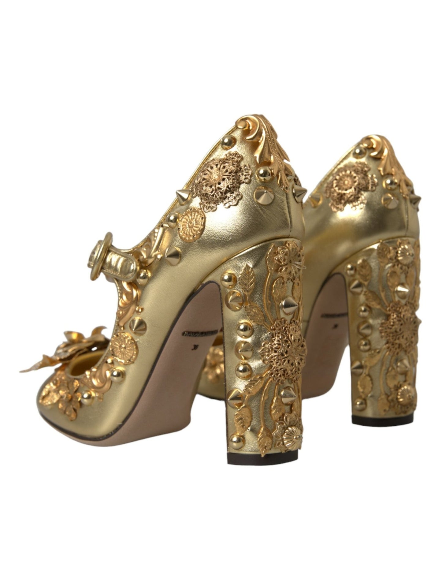 Dolce & Gabbana Gold Leather Crystal Mary Janes Pumps Shoes - SMARTMARTNZ