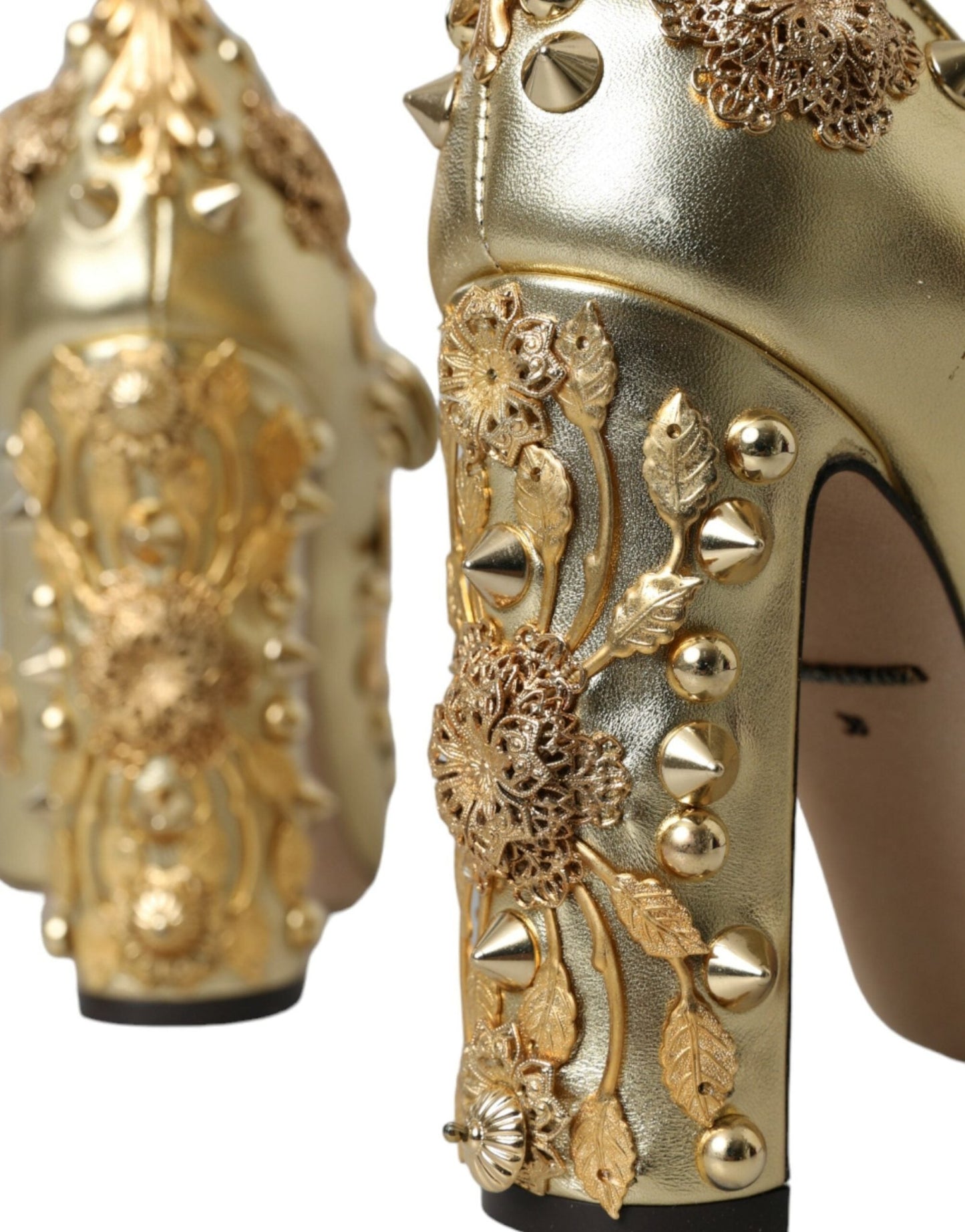 Dolce & Gabbana Gold Leather Crystal Mary Janes Pumps Shoes - SMARTMARTNZ