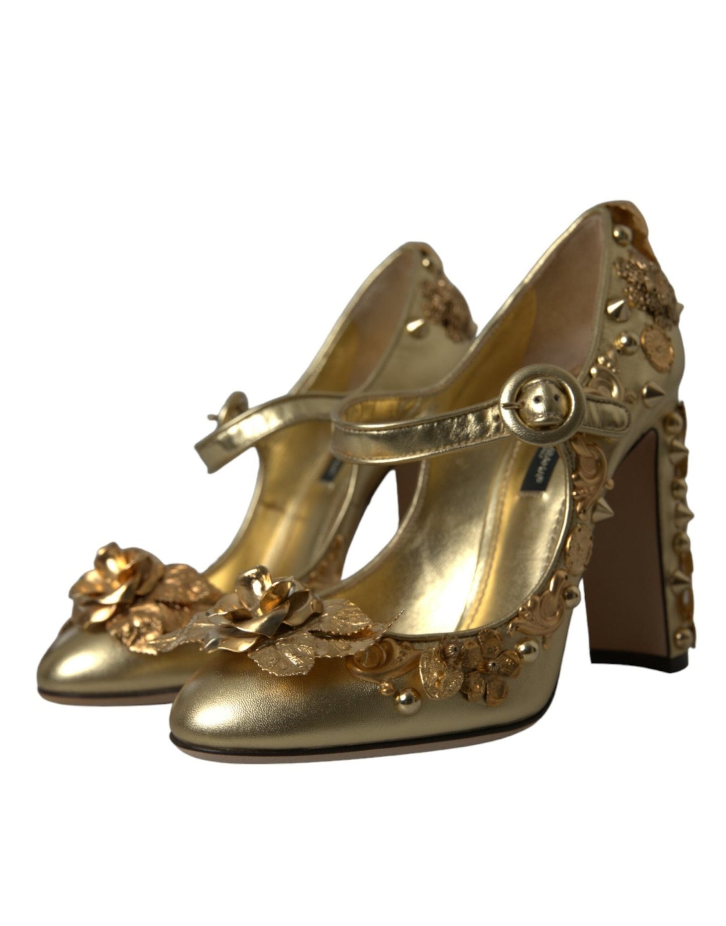 Dolce & Gabbana Gold Leather Crystal Mary Janes Pumps Shoes - SMARTMARTNZ
