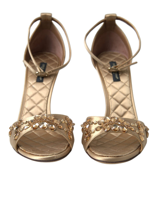 Dolce & Gabbana Gold Satin Ankle Strap Crystal Sandals Shoes - SMARTMARTNZ