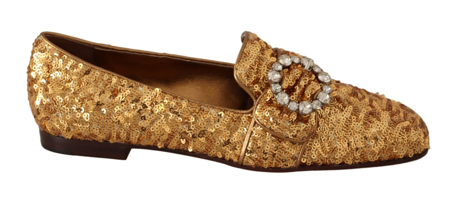 Dolce & Gabbana Gold Sequin Crystal Flat Women Loafers Shoes - SMARTMARTNZ
