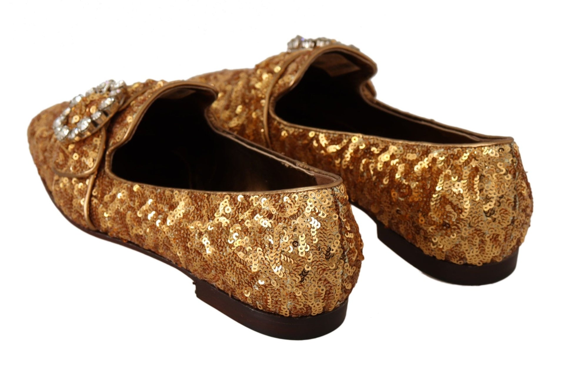 Dolce & Gabbana Gold Sequin Crystal Flat Women Loafers Shoes - SMARTMARTNZ