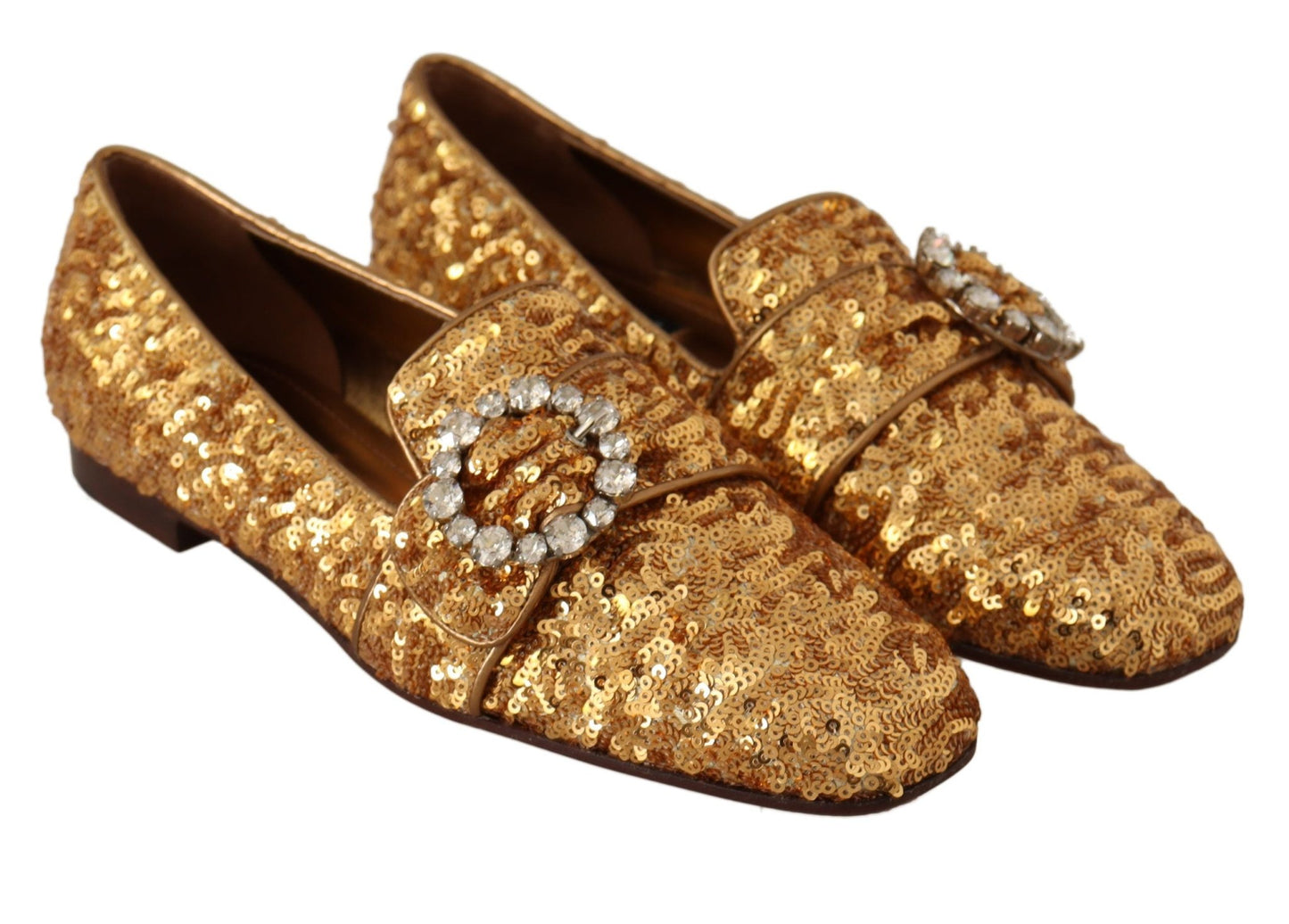 Dolce & Gabbana Gold Sequin Crystal Flat Women Loafers Shoes - SMARTMARTNZ