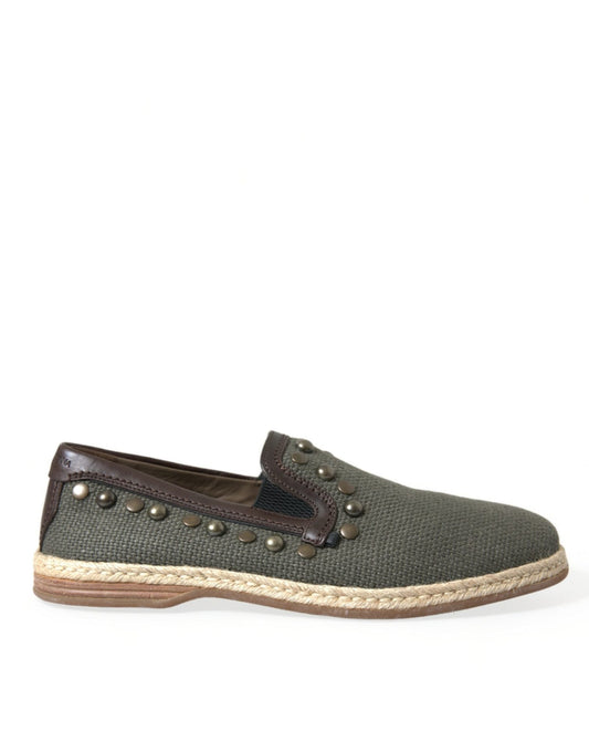 Dolce & Gabbana Gray Linen Leather Studded Loafers Shoes - SMARTMARTNZ