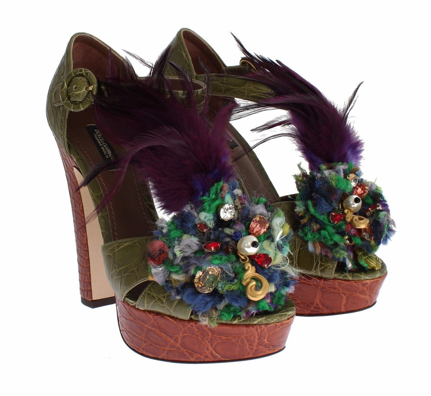 Dolce & Gabbana Green Leather Crystal Platform Sandal Shoes - SMARTMARTNZ