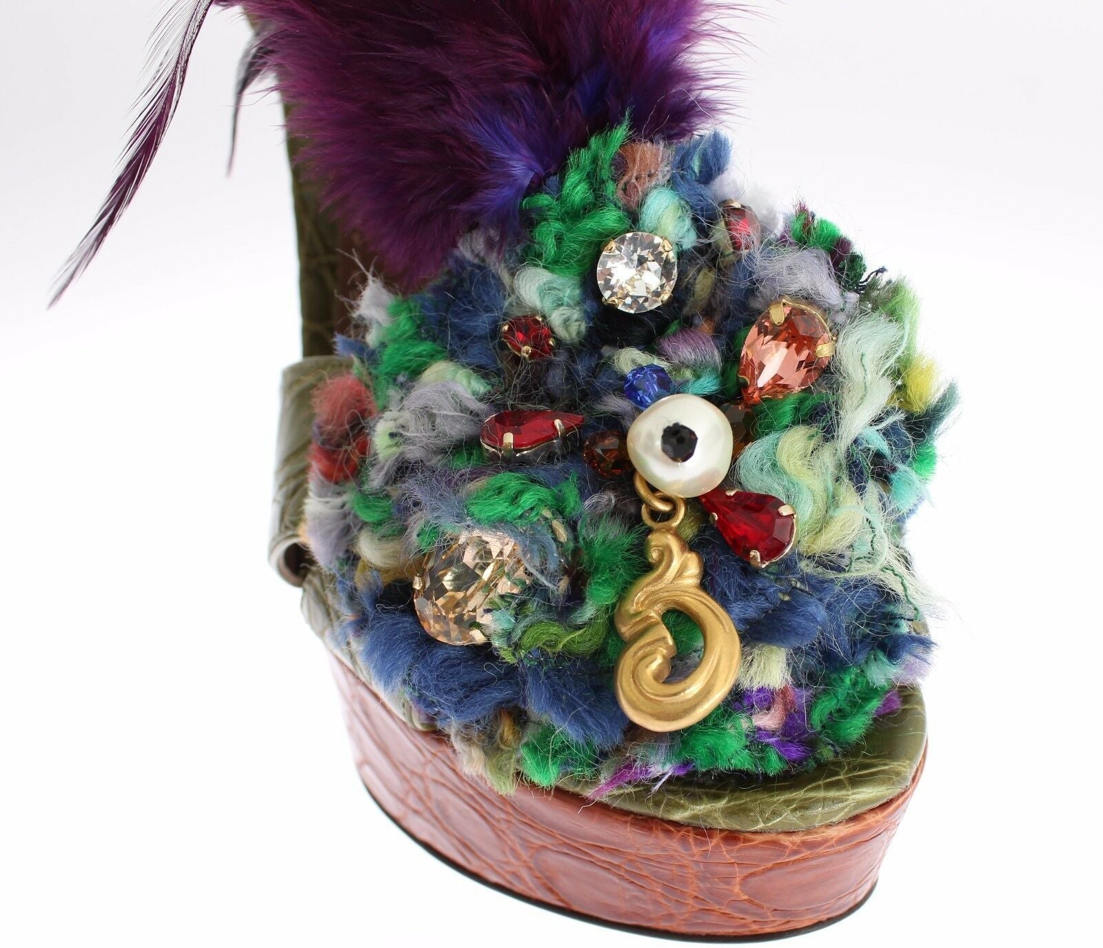 Dolce & Gabbana Green Leather Crystal Platform Sandal Shoes - SMARTMARTNZ