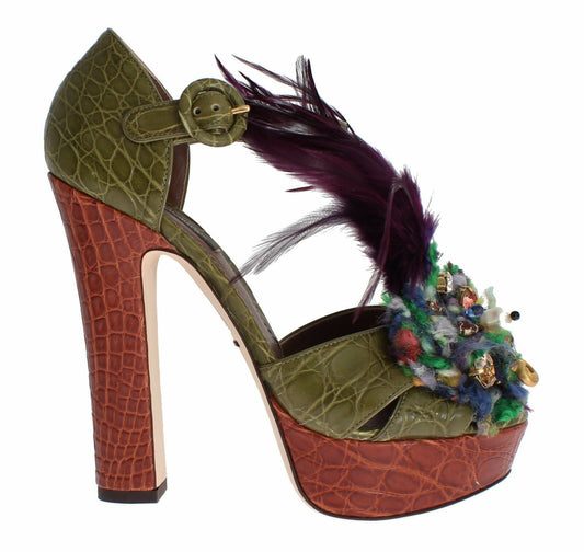 Dolce & Gabbana Green Leather Crystal Platform Sandal Shoes - SMARTMARTNZ