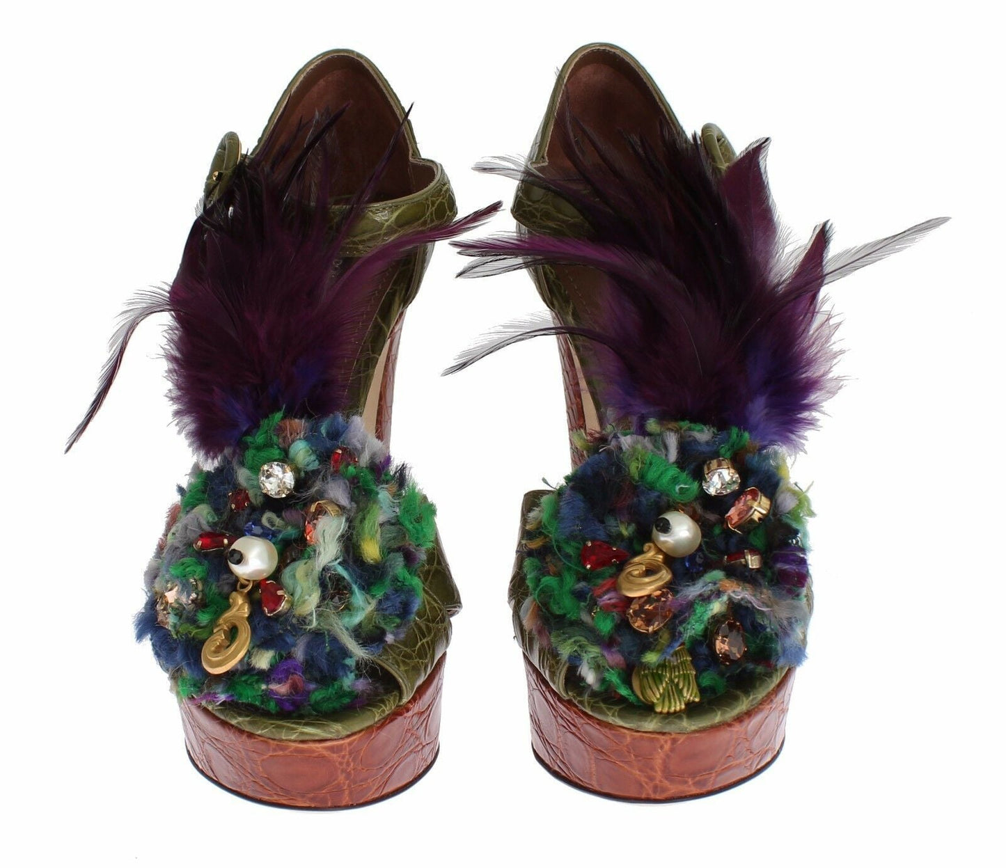 Dolce & Gabbana Green Leather Crystal Platform Sandal Shoes - SMARTMARTNZ
