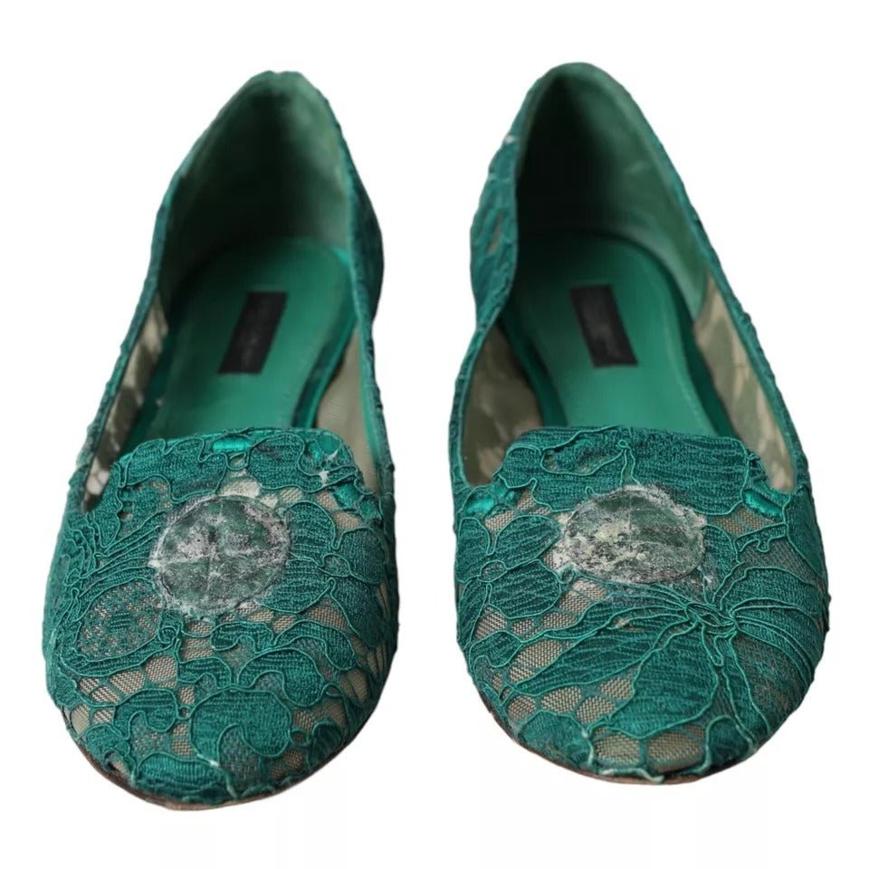 Dolce & Gabbana Green Taormina Lace Slip On Flats Shoes - SMARTMARTNZ
