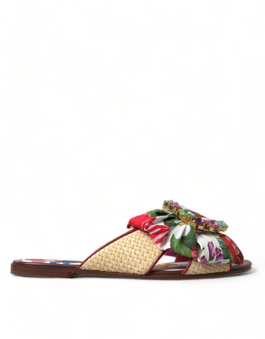 Dolce & Gabbana Multicolor Floral Flats Crystal Sandals Shoes - SMARTMARTNZ