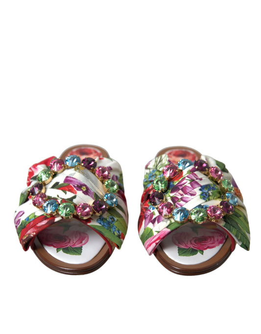 Dolce & Gabbana Multicolor Floral Flats Crystal Sandals Shoes - SMARTMARTNZ