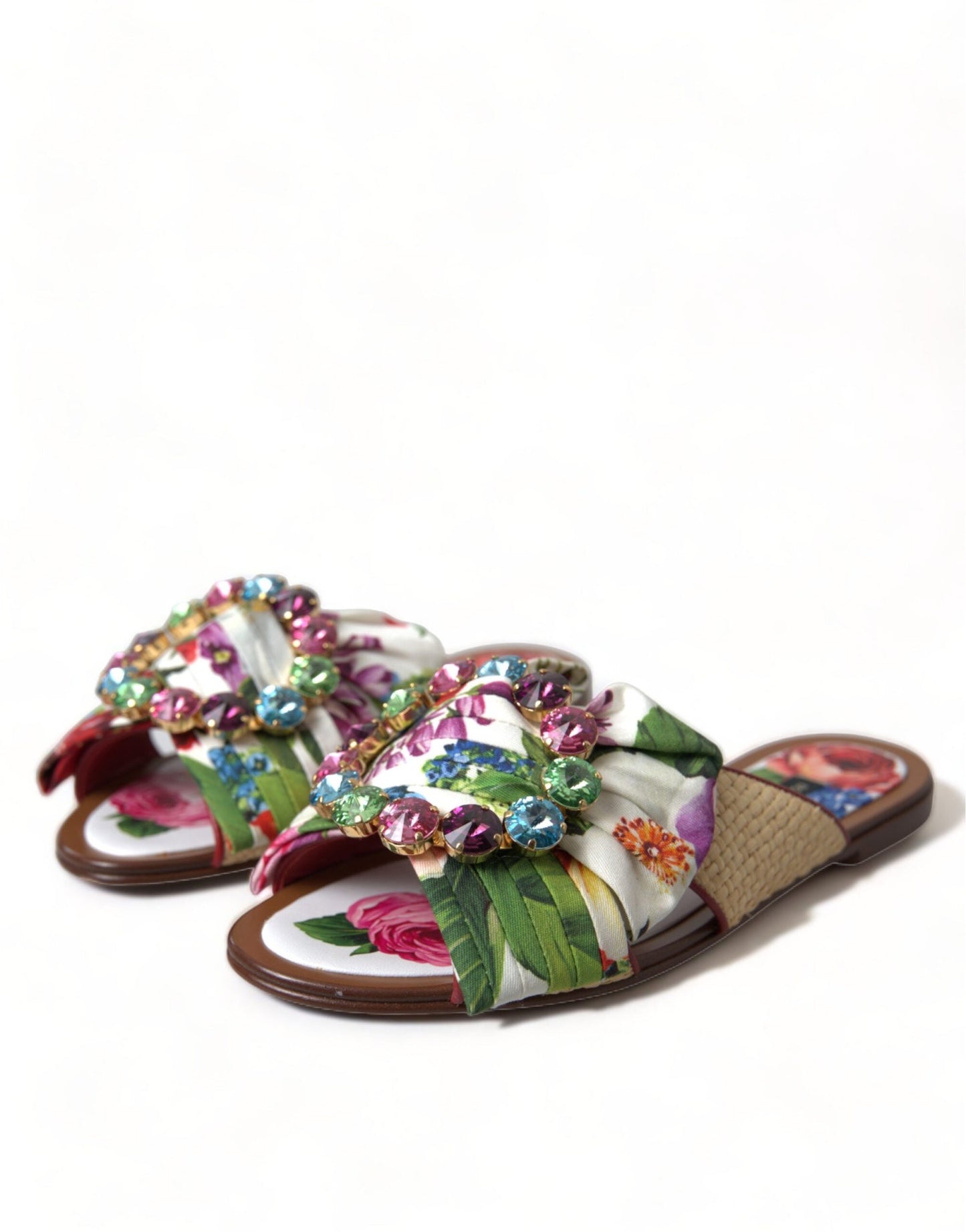 Dolce & Gabbana Multicolor Floral Flats Crystal Sandals Shoes - SMARTMARTNZ
