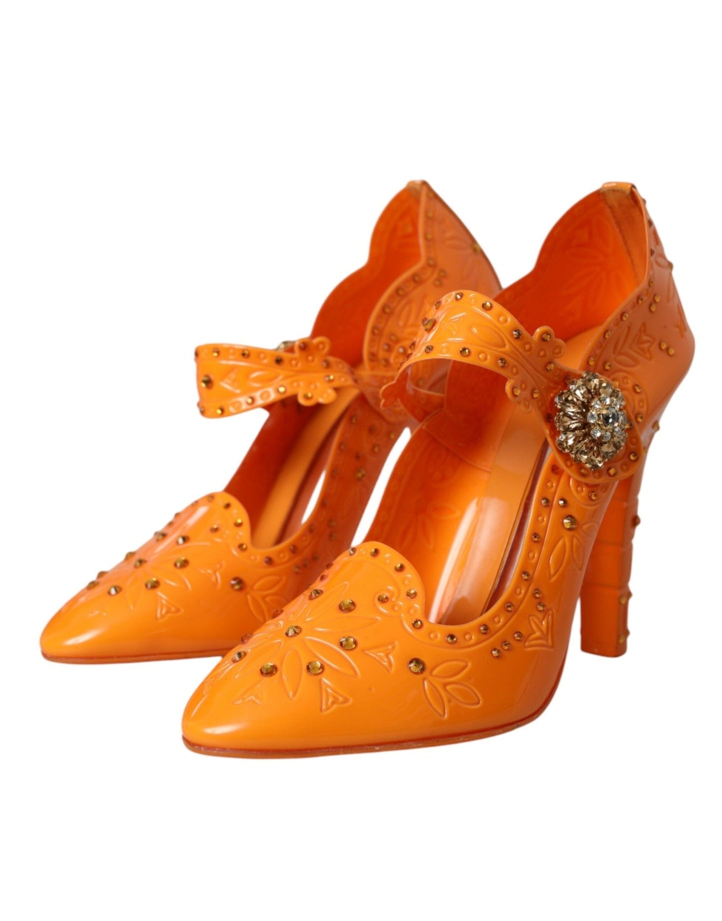 Dolce & Gabbana Orange CINDERELLA Floral Crystal Pumps Shoes - SMARTMARTNZ
