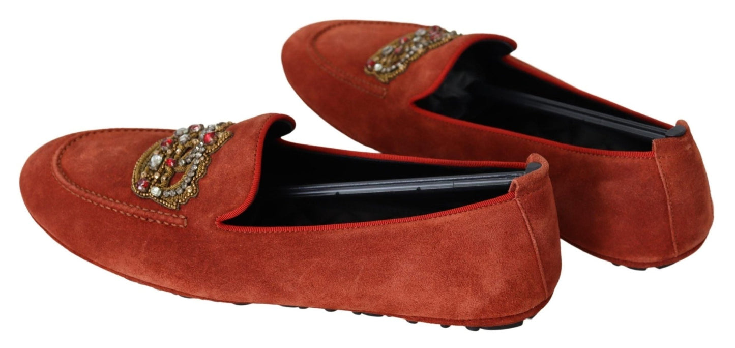 Dolce & Gabbana Orange Leather Crystal Crown Loafers Shoes - SMARTMARTNZ