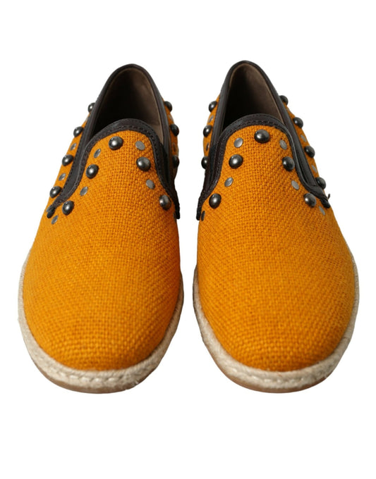 Dolce & Gabbana Orange Linen Leather Studded Loafers Shoes - SMARTMARTNZ