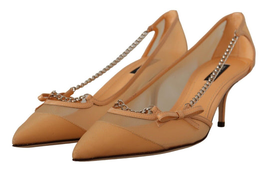 Dolce & Gabbana Peach Mesh Leather Chains Heels Pumps Shoes - SMARTMARTNZ