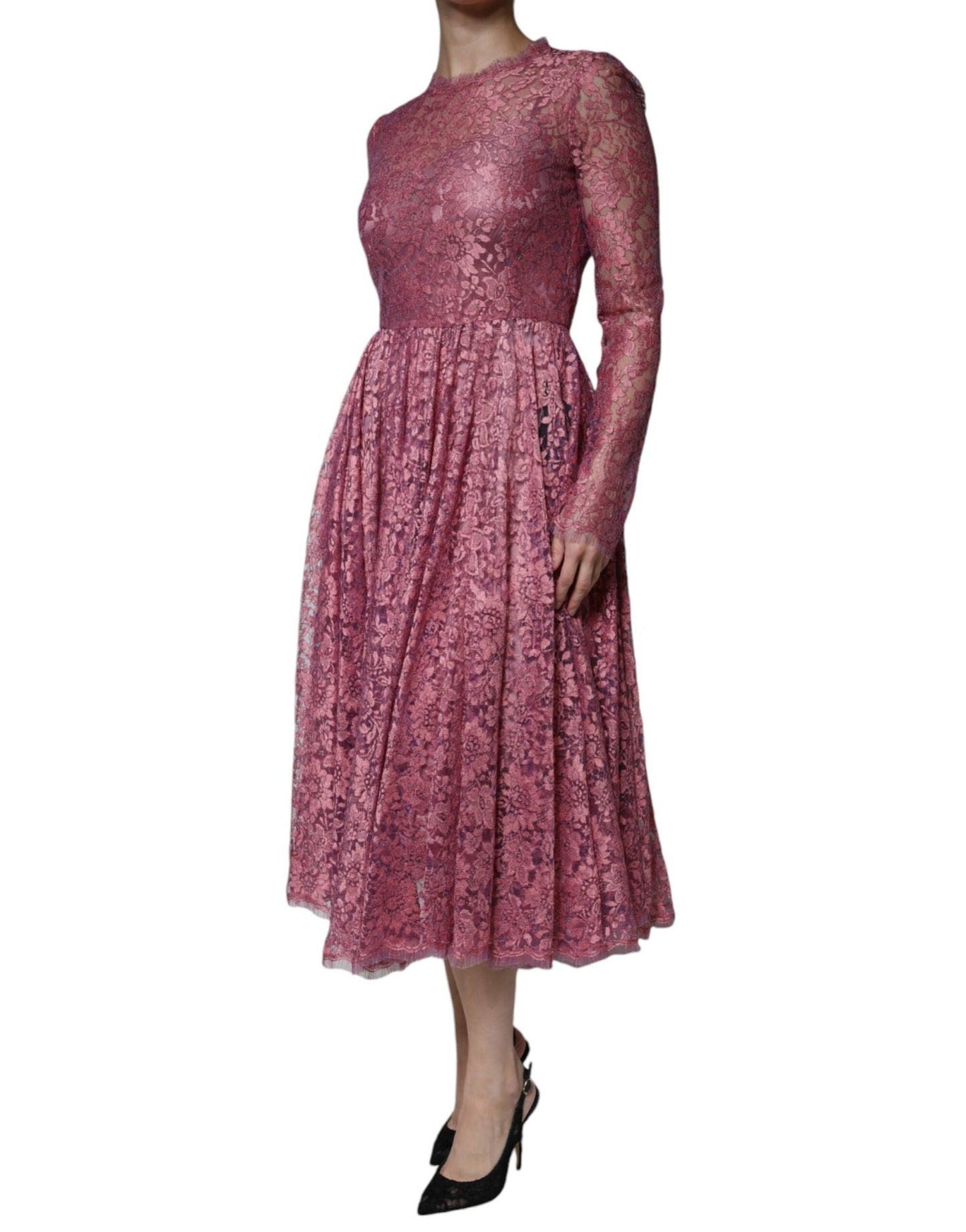 Dolce & Gabbana Pink Floral Lace Long Sleeve Midi Dress - SMARTMARTNZ