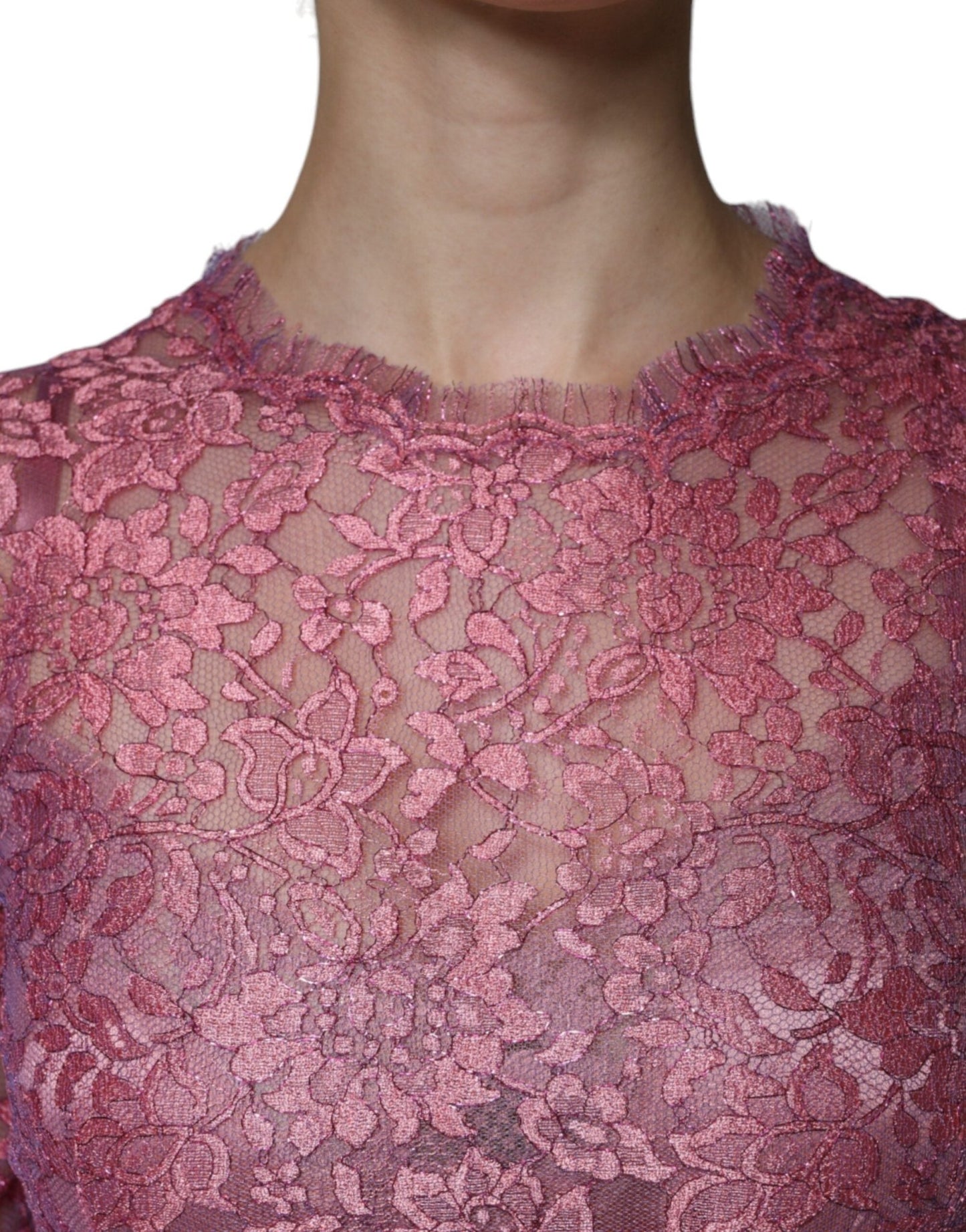 Dolce & Gabbana Pink Floral Lace Long Sleeve Midi Dress - SMARTMARTNZ