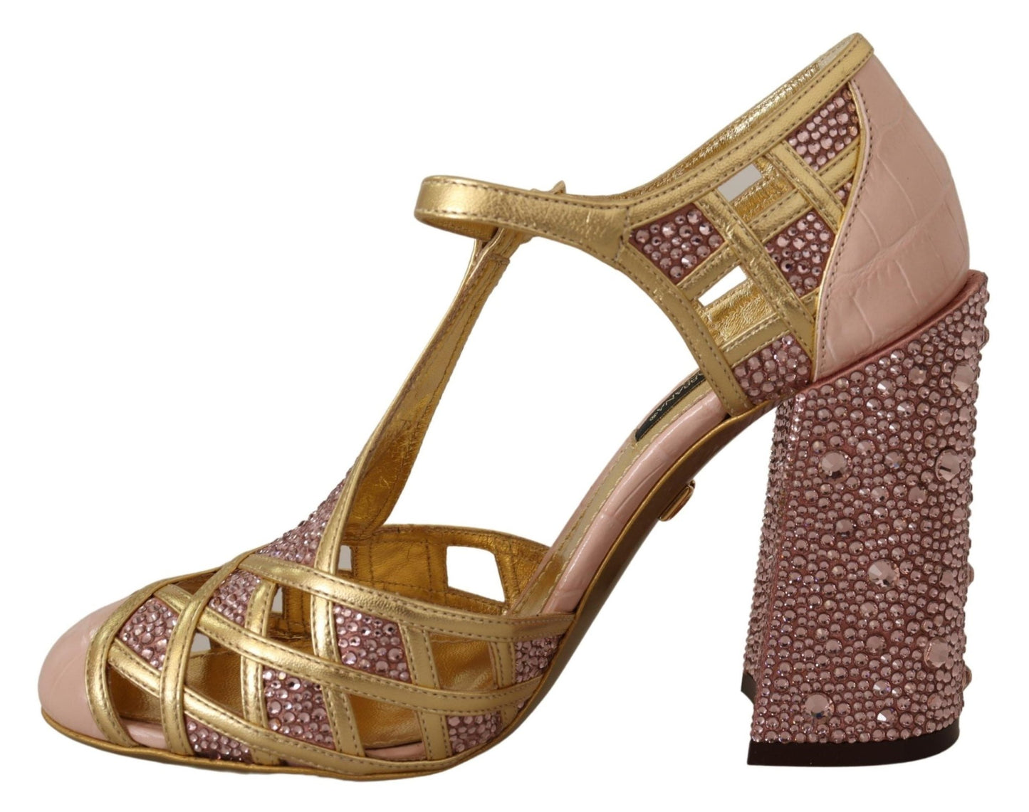 Dolce & Gabbana Pink Gold Leather Crystal Pumps T - strap Shoes - SMARTMARTNZ