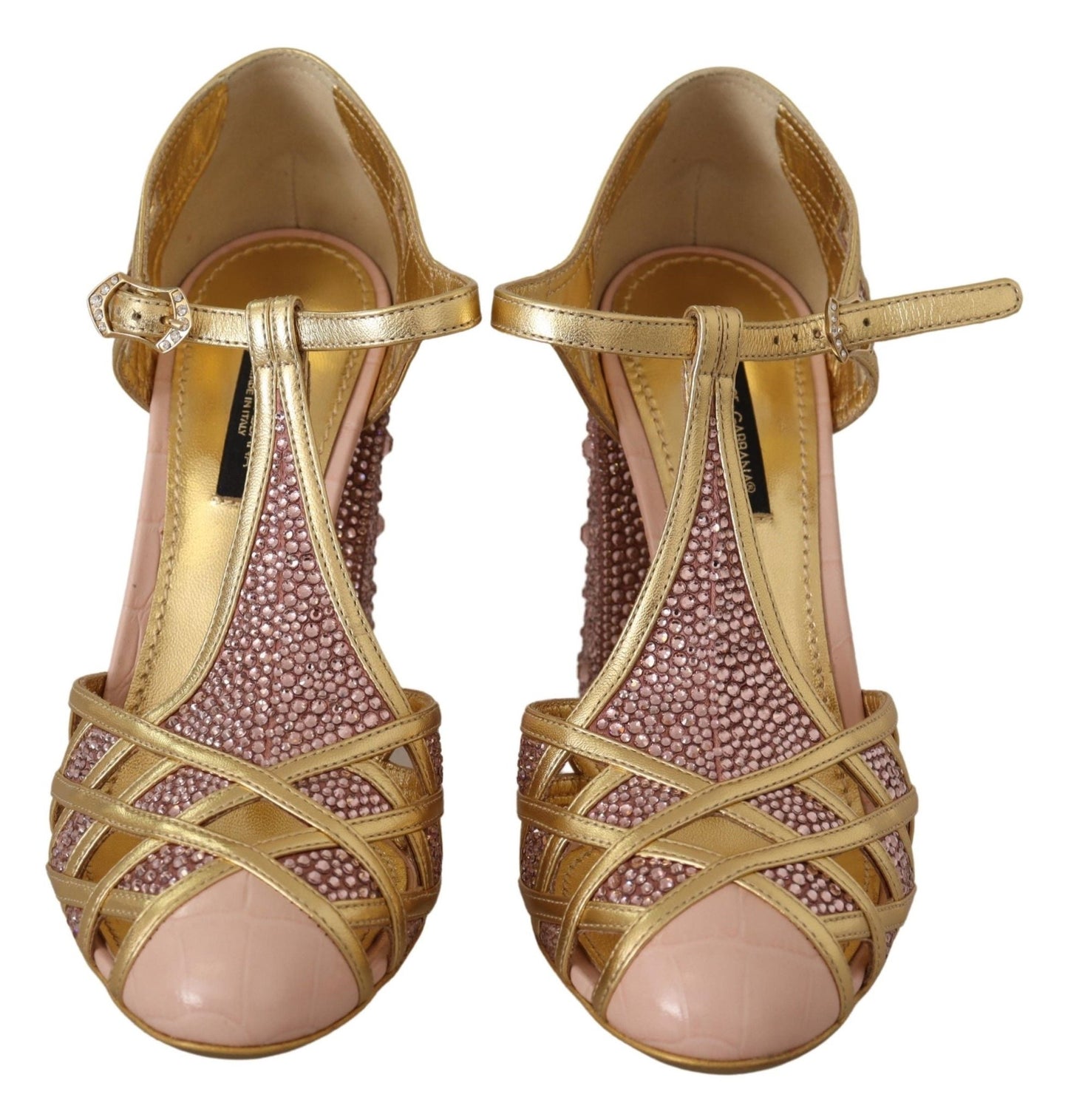 Dolce & Gabbana Pink Gold Leather Crystal Pumps T - strap Shoes - SMARTMARTNZ