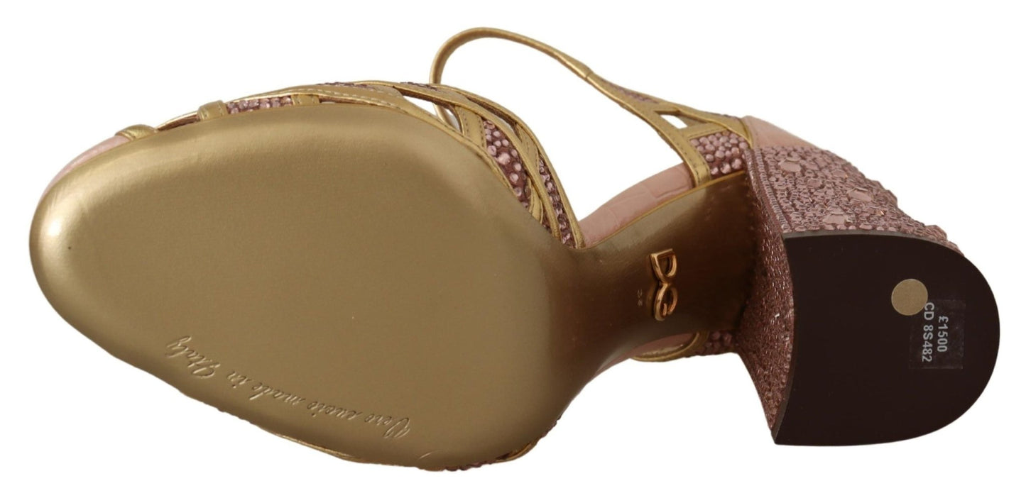 Dolce & Gabbana Pink Gold Leather Crystal Pumps T - strap Shoes - SMARTMARTNZ