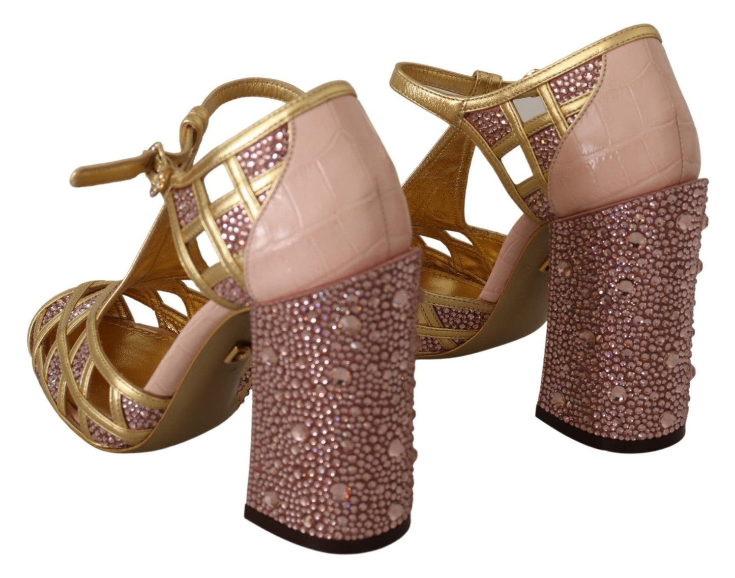 Dolce & Gabbana Pink Gold Leather Crystal Pumps T - strap Shoes - SMARTMARTNZ