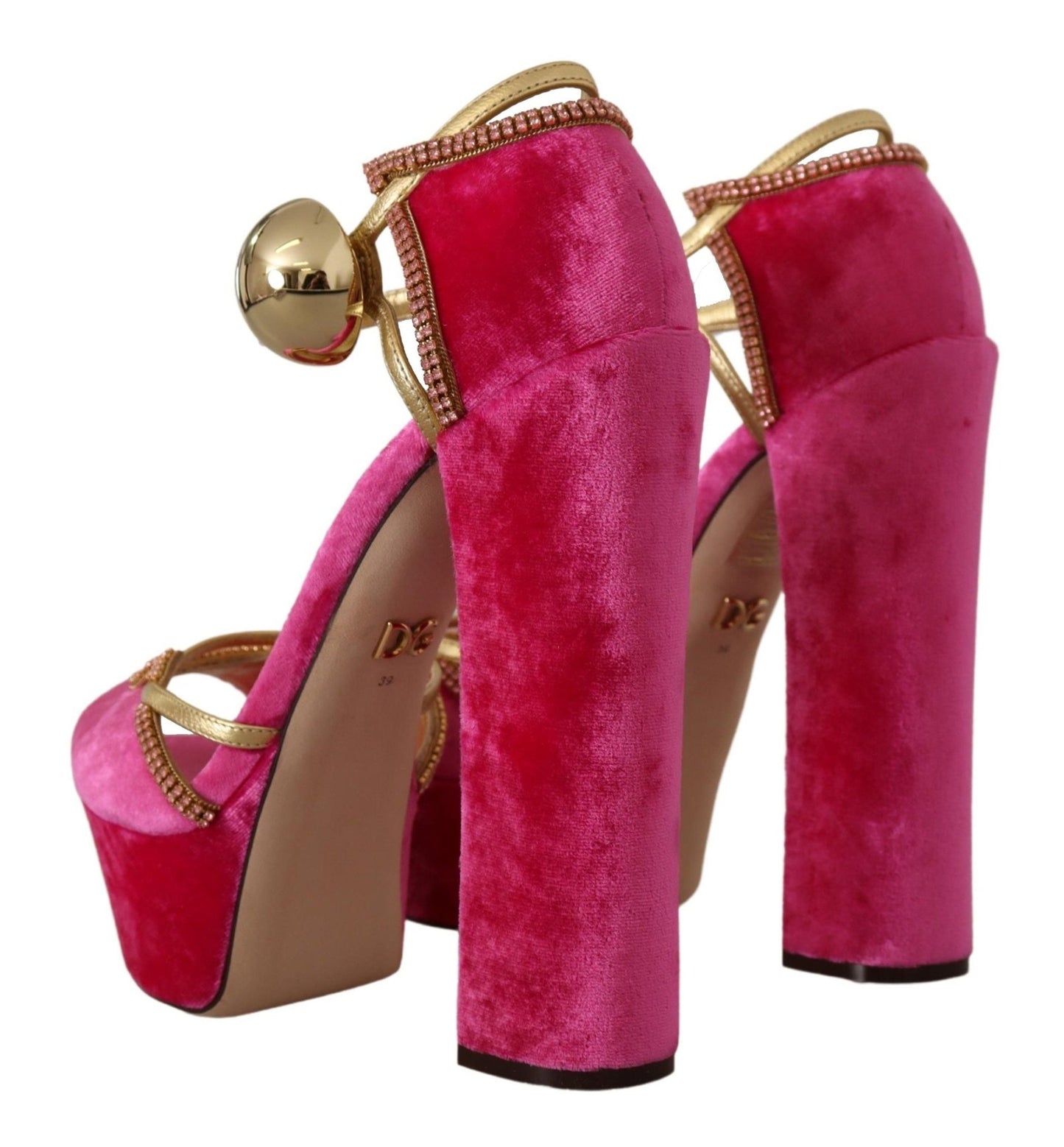 Dolce & Gabbana Pink Velvet Crystal Ankle Strap Sandals Shoes - SMARTMARTNZ