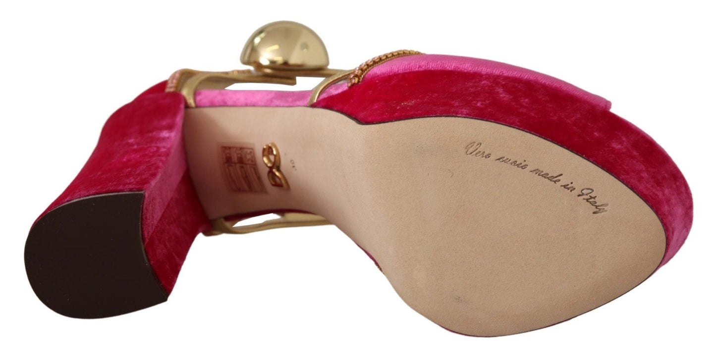Dolce & Gabbana Pink Velvet Crystal Ankle Strap Sandals Shoes - SMARTMARTNZ