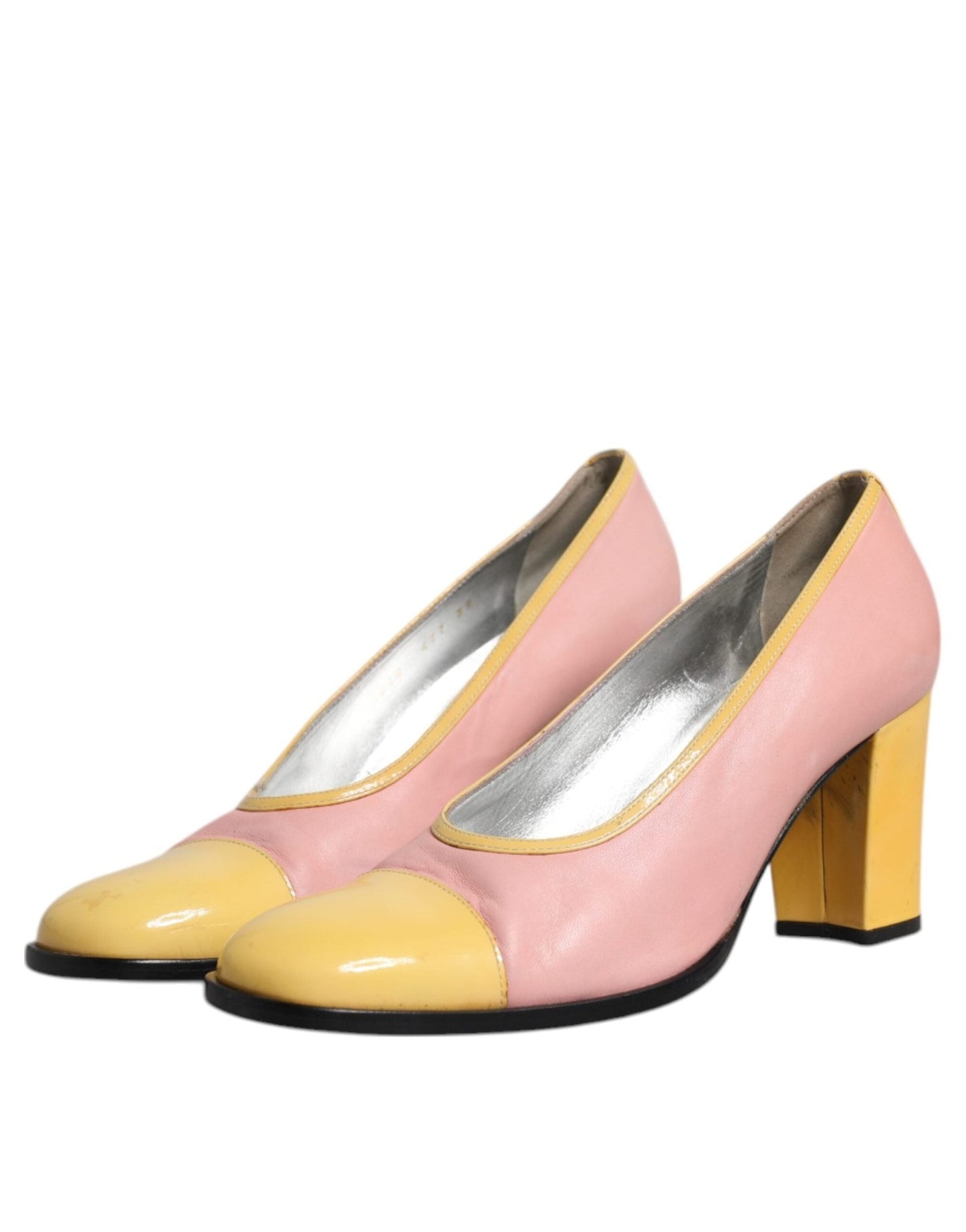 Dolce & Gabbana Pink Yellow Leather Block Heels Pumps Shoes - SMARTMARTNZ