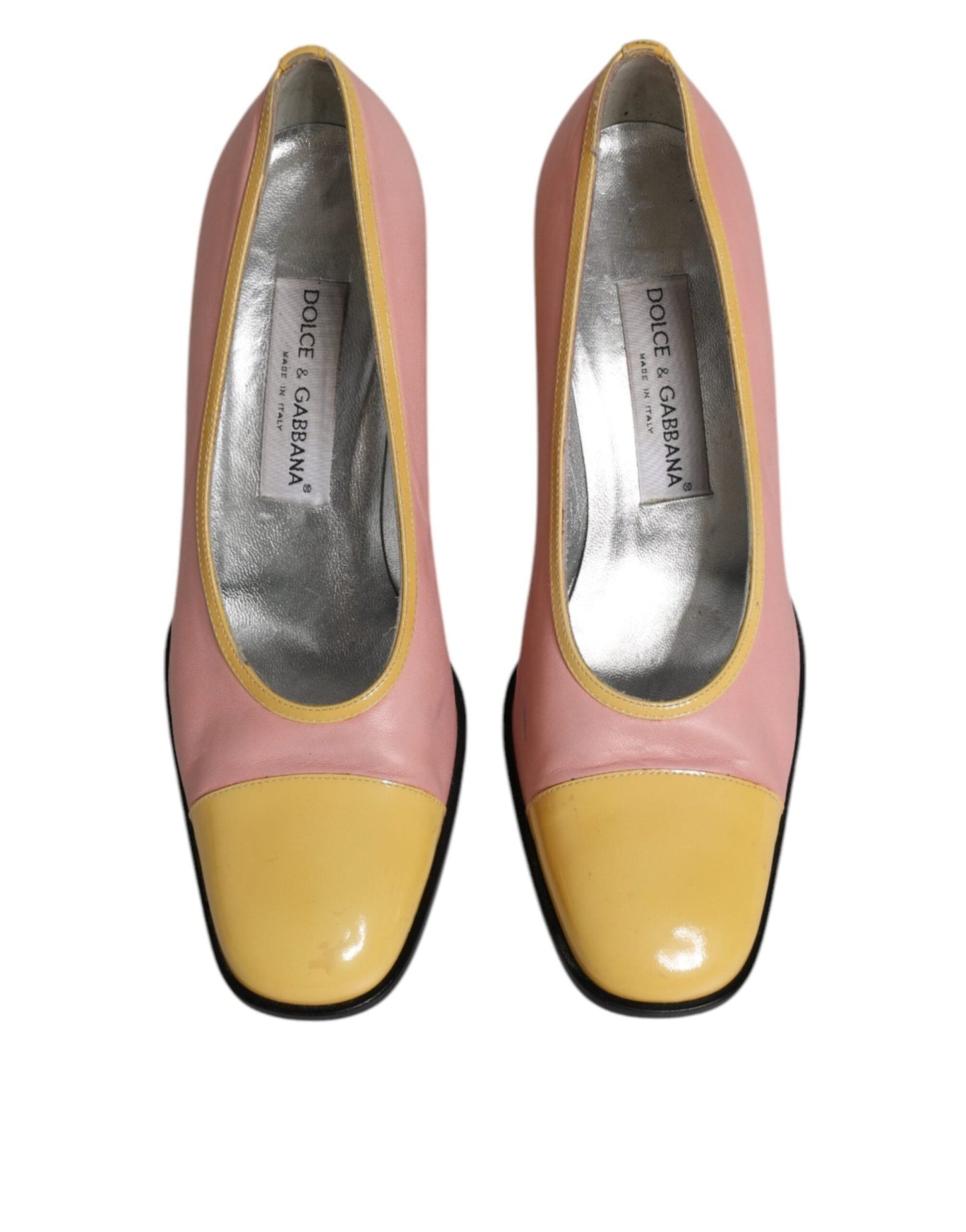 Dolce & Gabbana Pink Yellow Leather Block Heels Pumps Shoes - SMARTMARTNZ