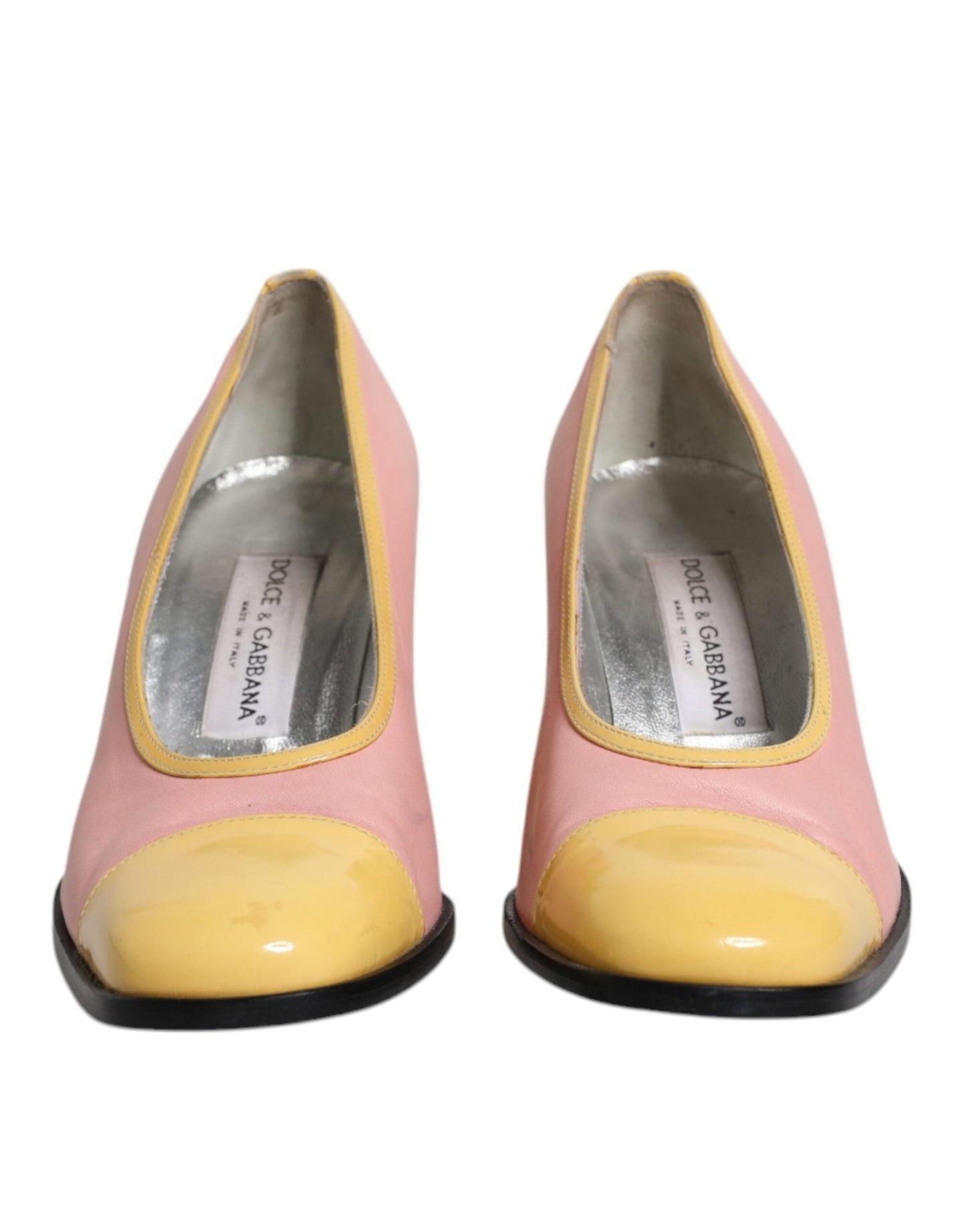 Dolce & Gabbana Pink Yellow Leather Block Heels Pumps Shoes - SMARTMARTNZ