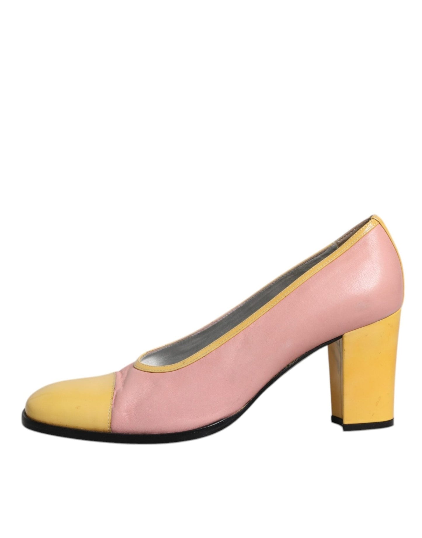 Dolce & Gabbana Pink Yellow Leather Block Heels Pumps Shoes - SMARTMARTNZ