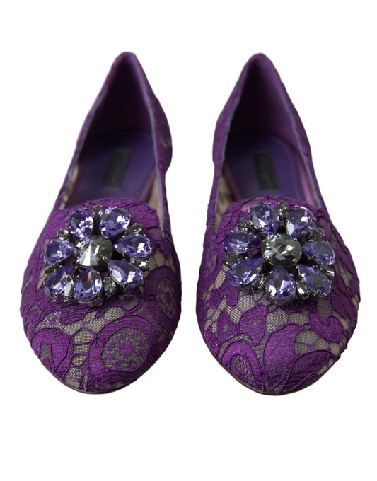 Dolce & Gabbana Purple Vally Taormina Lace Crystals Flats Shoes - SMARTMARTNZ